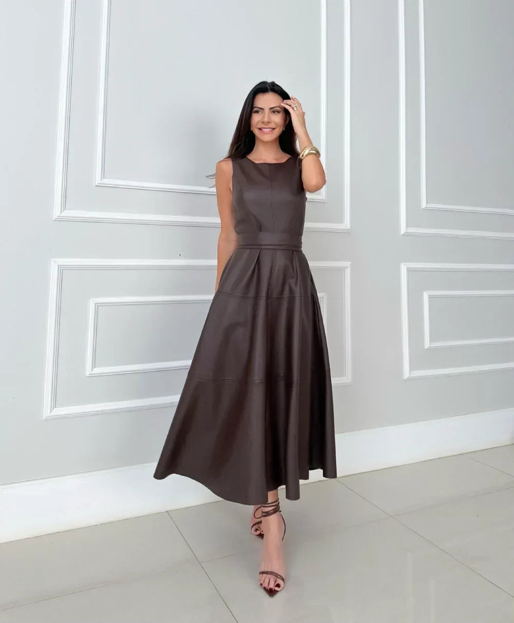 Clarinda | Elegant Faux Leather Midi Dress