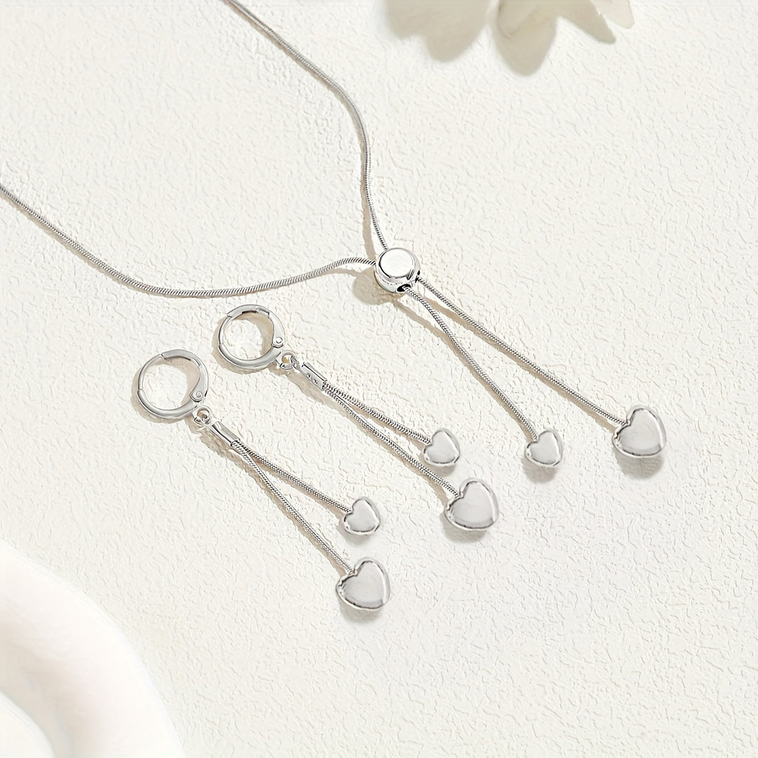Adjustable Heart Pendant Necklace & Earrings Set
