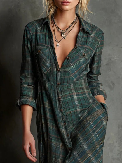 Ailene | Classic Green Plaid Shirt Dress