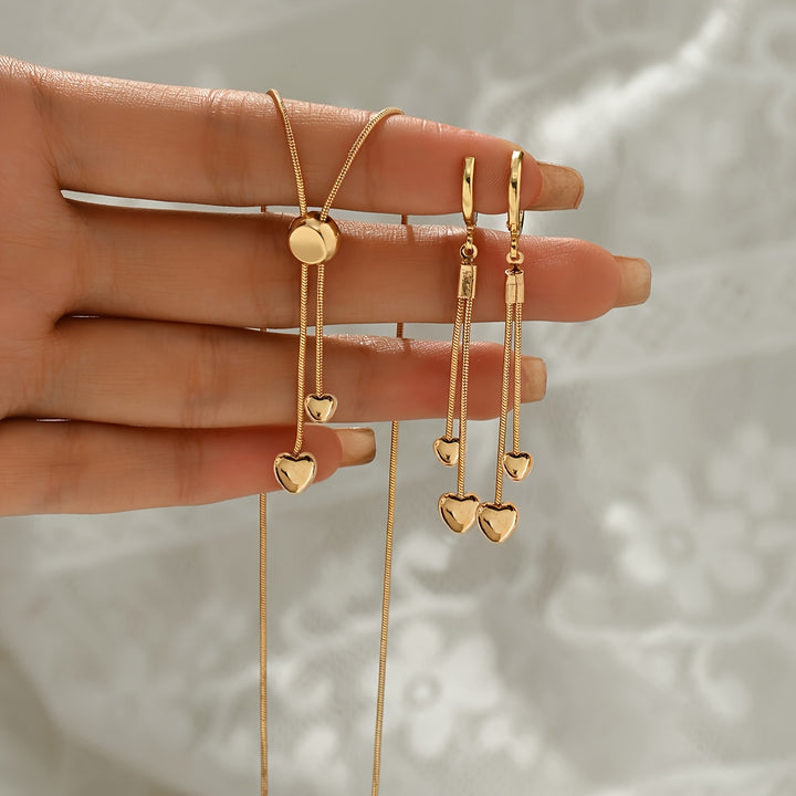 Adjustable Heart Pendant Necklace & Earrings Set