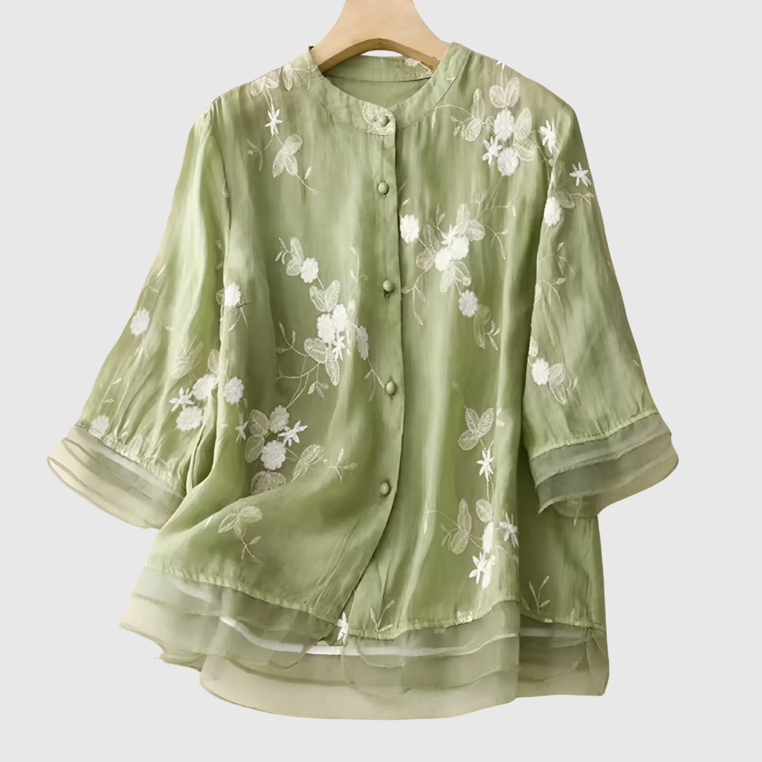 Mireille | Cotton Top with Embroidered Flowers