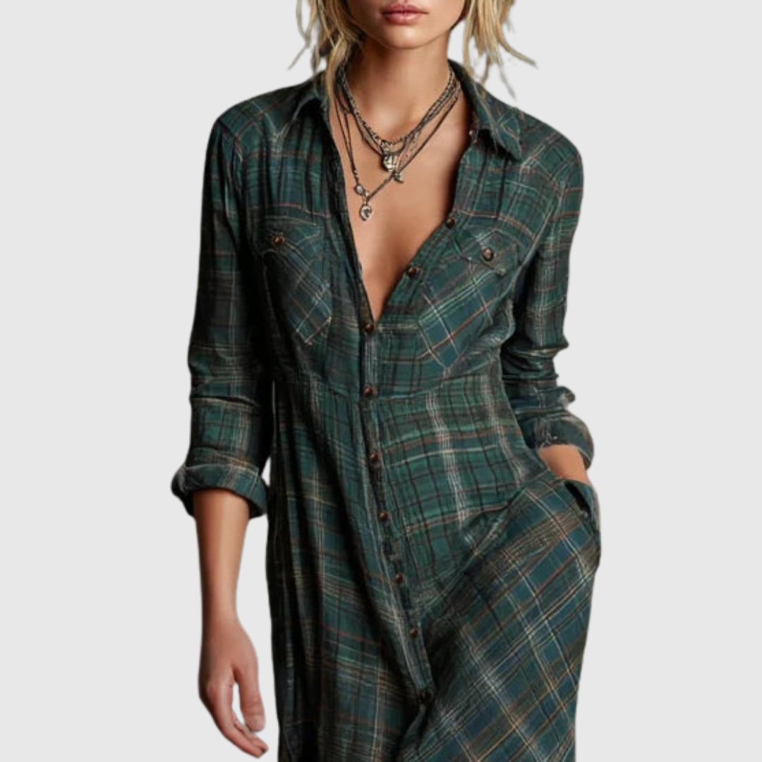 CLARIBELLE | GREEN CHECK LONG DRESS