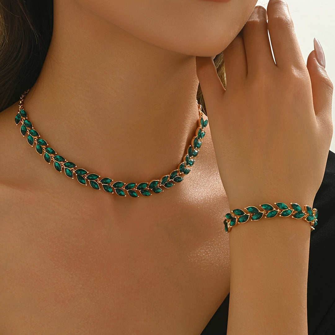 Elegant Green Crystal Necklace & Bracelet Duo