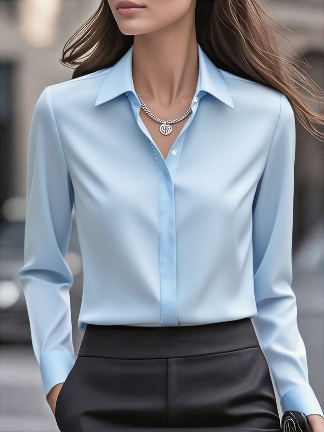 [Elegant Women's Blouse] Elegant Women's Long Sleeve Blouse | Classic White Button-Front Shirt, Non-Stretch Office & Formal Attire, All-Season Professional Clothing for Business, Meetings, Events - Ready-to-Wear Ladies Shirts, Event Wear, Sophisticated De