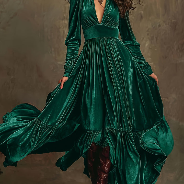 SERAFINA | RETRO OVERSIZED SKIRT LONG DRESS WITH DEEP V-NECK