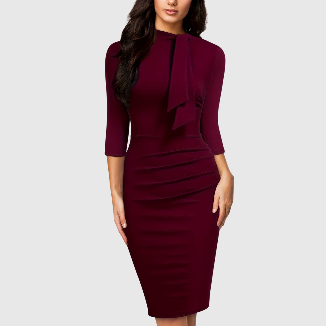 HARIETHE | THREE-QUARTER SLEEVE SHEATH TIE-NECK DRESS