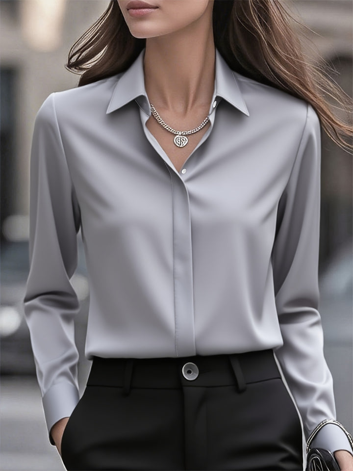 [Elegant Women's Blouse] Elegant Women's Long Sleeve Blouse | Classic White Button-Front Shirt, Non-Stretch Office & Formal Attire, All-Season Professional Clothing for Business, Meetings, Events - Ready-to-Wear Ladies Shirts, Event Wear, Sophisticated De
