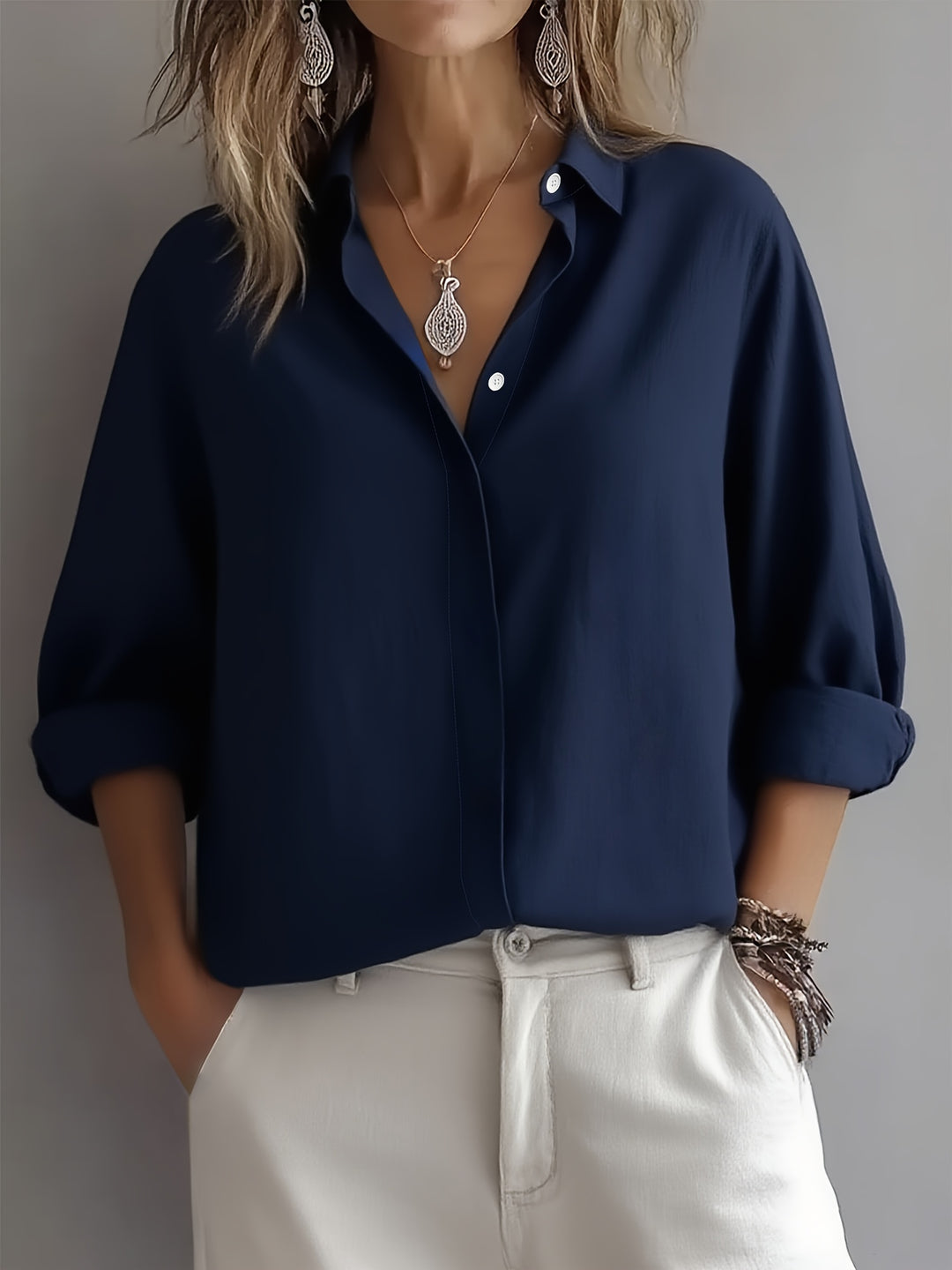 [Elegant Women's Blouse] Elegant Women's Long Sleeve Blouse | Classic White Button-Front Shirt, Non-Stretch Office & Formal Attire, All-Season Professional Clothing for Business, Meetings, Events - Ready-to-Wear Ladies Shirts, Event Wear, Sophisticated De