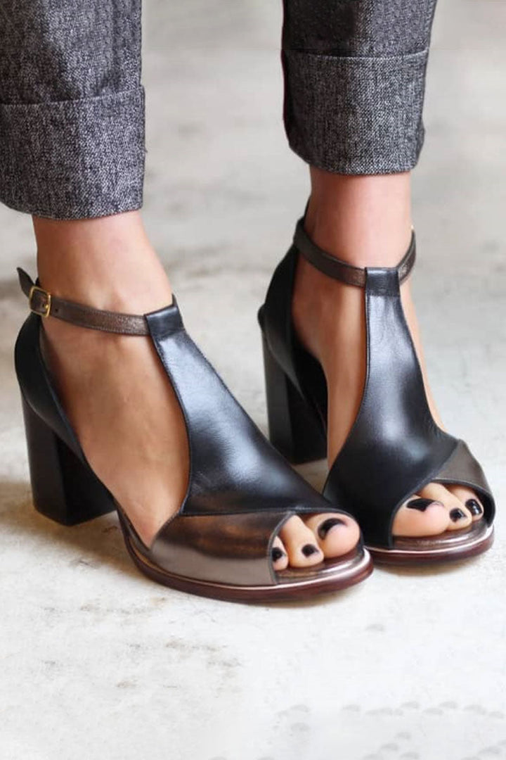 NADARIA | BLACK PATCHWORK PEEP TOE HEELS