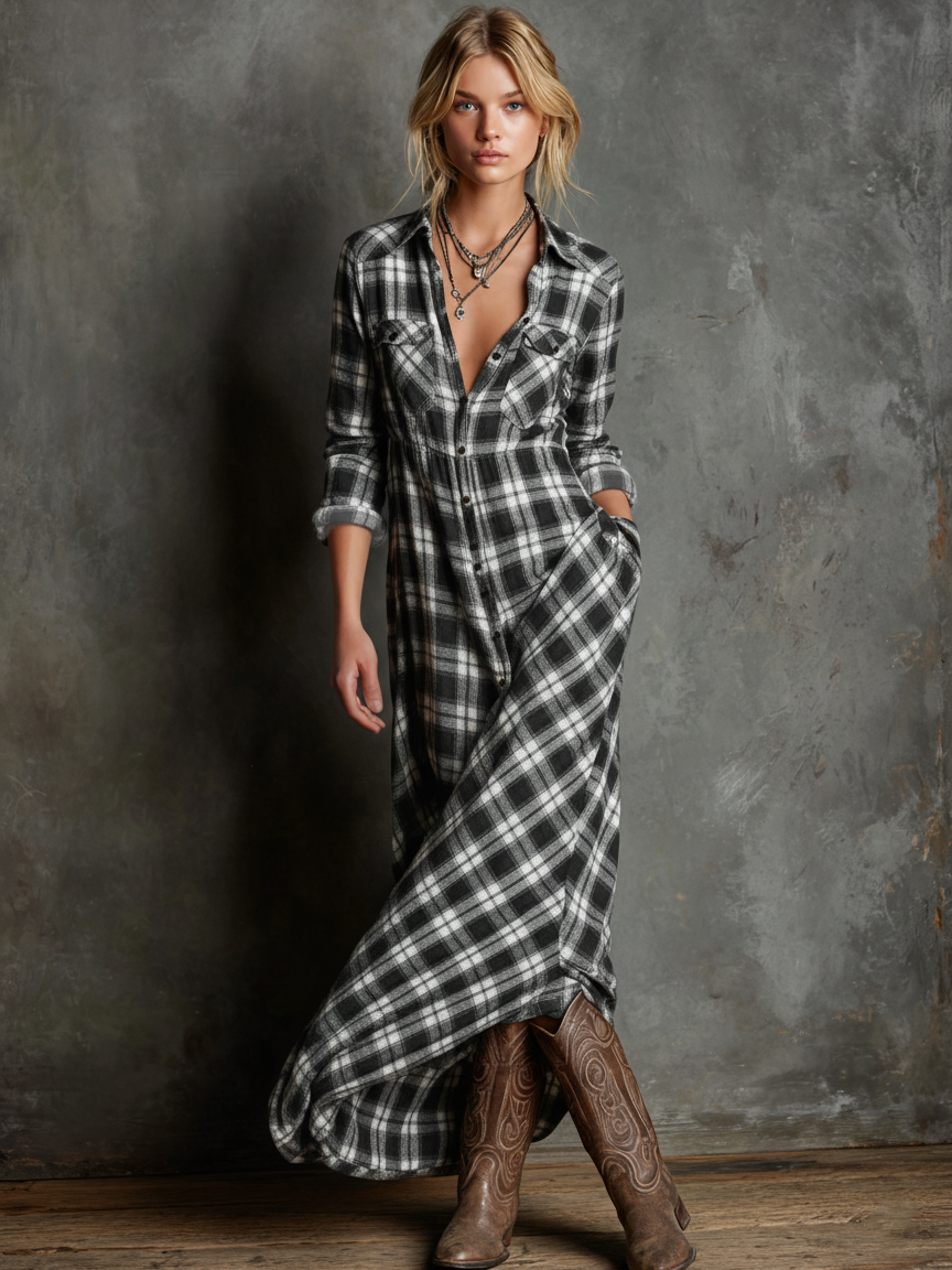 AILENE | CLASSIC GREEN PLAID SHIRT DRESS