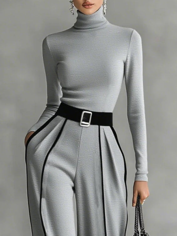 Refined High-Neck Top & Wide-Leg Pants Set (Free Belt)