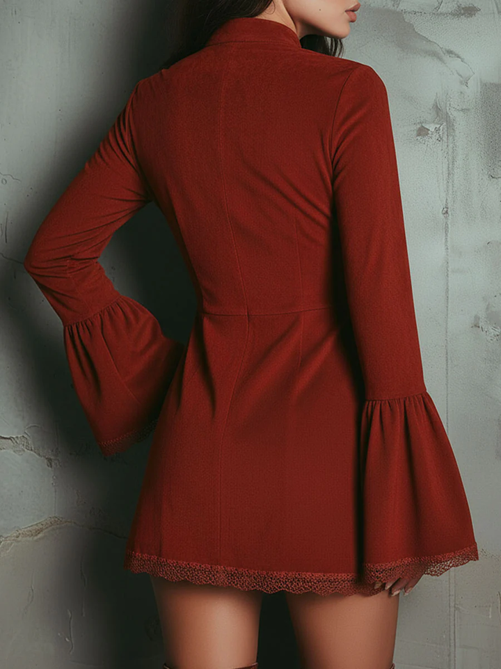 AUROLIA VINTAGE RUST RED BELL SLEEVE EMBROIDERED FAUX SUEDE LACE MINI DRESS