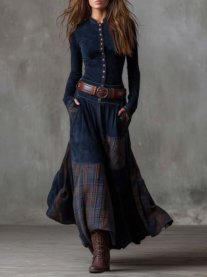 HELENA IVY | WINTER NIGHT NAVY SUEDE MAXI DRESS WITH BELT