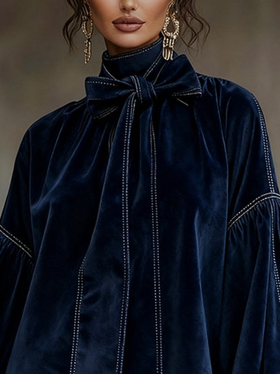 NAVY VELVET BOW MINI DRESS