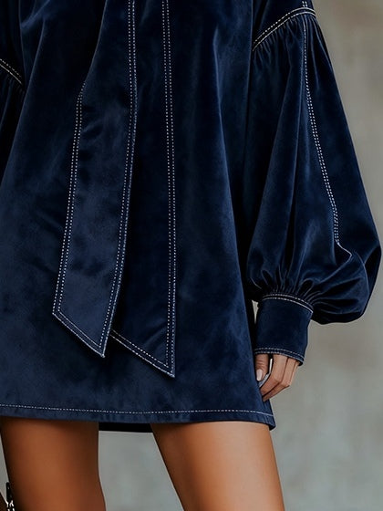 NAVY VELVET BOW MINI DRESS