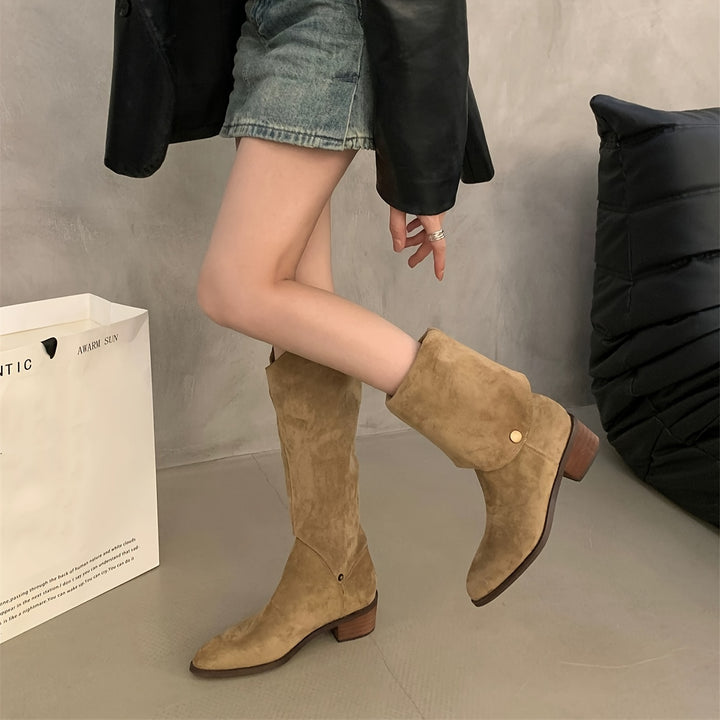 EVADNE | SOLID COLOR V-SHAPE LONG BOOTS WITH BLOCK HEEL