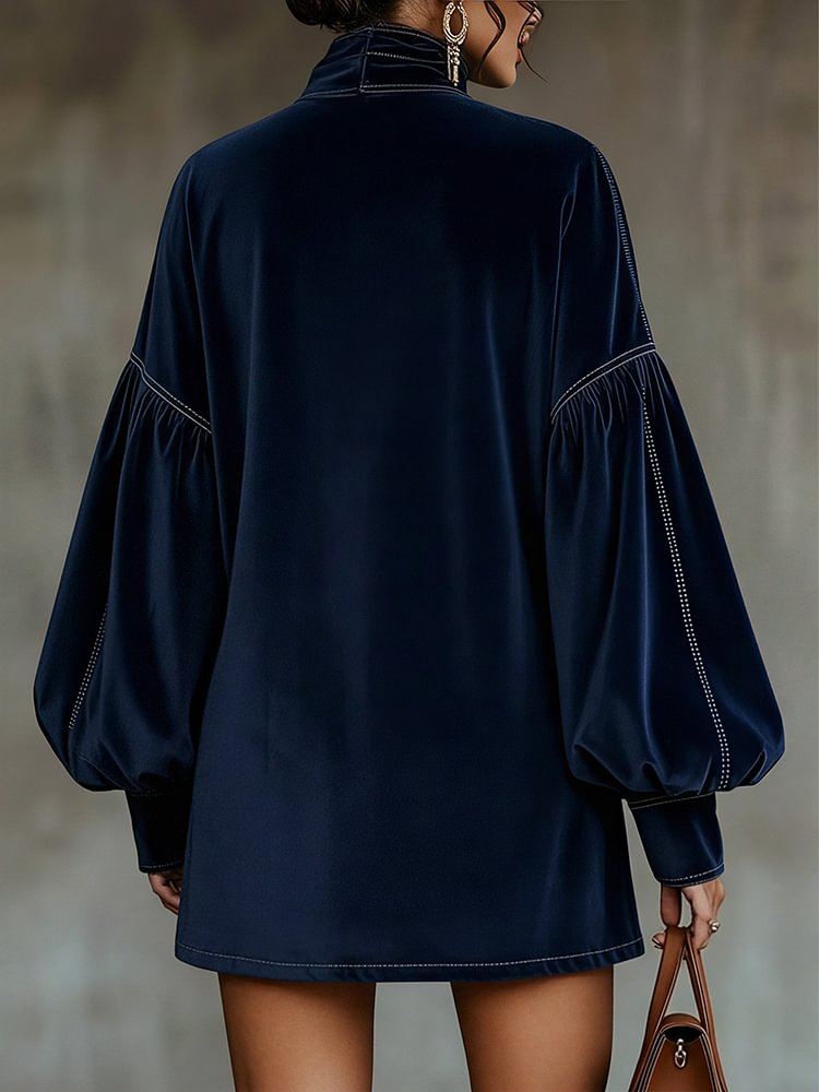 NAVY VELVET BOW MINI DRESS