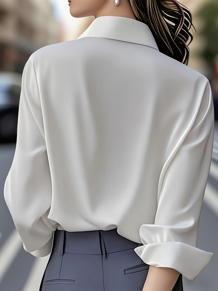 [Elegant Women's Blouse] Elegant Women's Long Sleeve Blouse | Classic White Button-Front Shirt, Non-Stretch Office & Formal Attire, All-Season Professional Clothing for Business, Meetings, Events - Ready-to-Wear Ladies Shirts, Event Wear, Sophisticated De