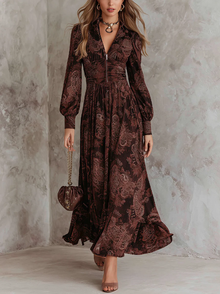 Morwenna | Brown Paisley Waist Maxi Dress