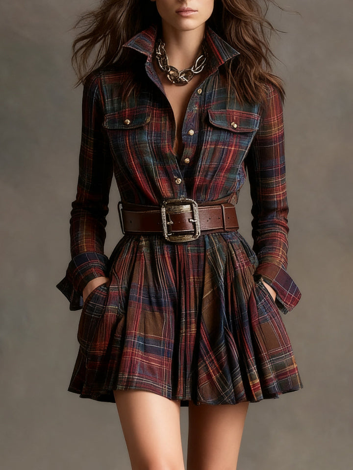 ZINNIA VINTAGE LAPEL RED AND BROWN PLAID MINI DRESS (INCLUDES BELT)