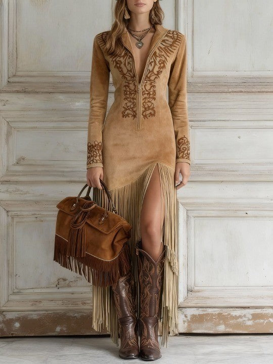 OPHELIO WESTERN HALF-ZIP EMBROIDERED FAUX SUEDE FRINGE MAXI DRESS